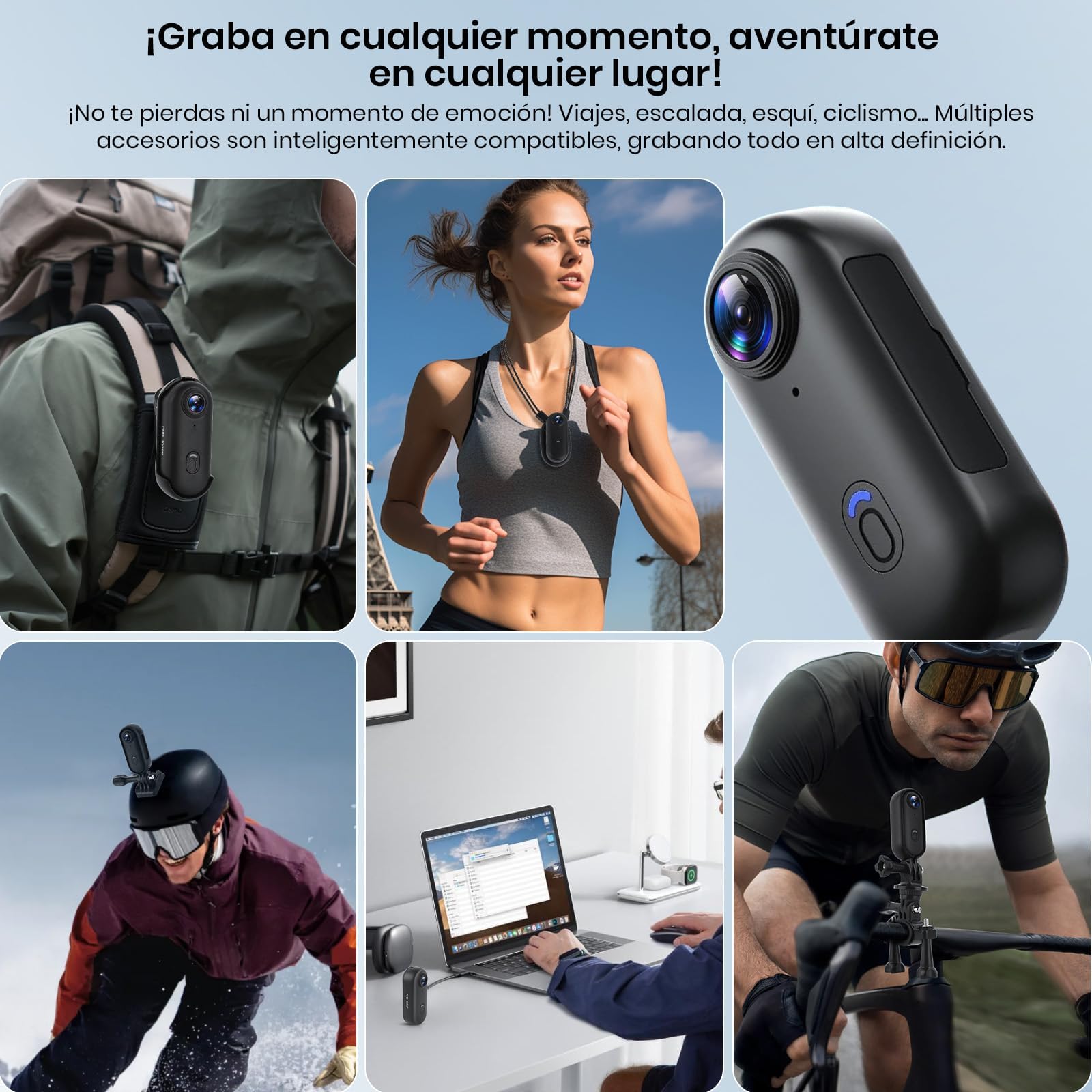 Cámara de Acción 360°, Mini Cámara Corporal POV, Subacuática 30m, WiFi, Gran Angular 120°, +10 Accesorios para Ciclismo, Viajes, Mascotas, Caminatas, Deportes + Tarjeta 64GB