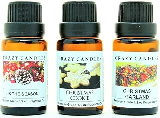 Crazy Candles 3 Bottles Set, 1 Tis The Season, 1 Christmas Garland, 1 Christmas Cookie 1/2 Fl Oz Each (15ml) Premium Grade Scented Fragrance Oils