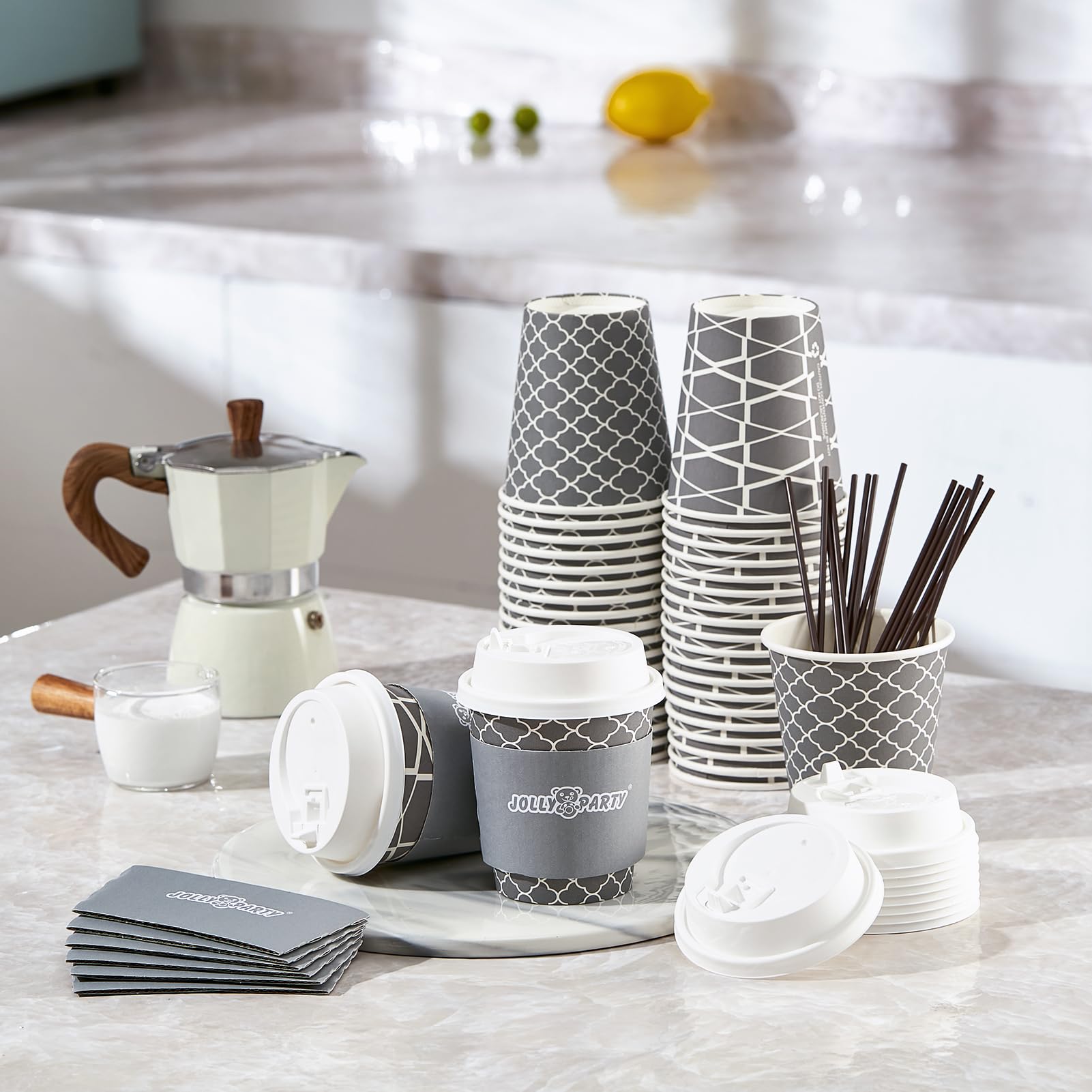 Amazon.com: JOLLY PARTY [100 Sets] 10 oz Paper Coffee Cups, Disposable Coffee  Cups with Lids, Sleeves and Straws, Hot Cold Beverage Drinking Cup for  Water or Tea, To-Go Cups Suitable for Office