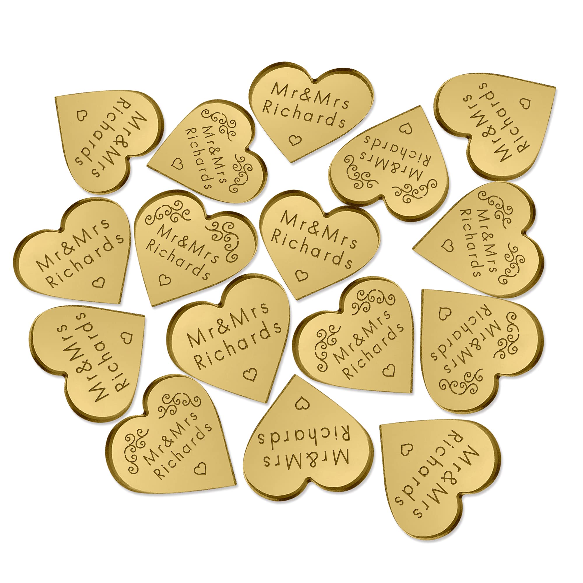 howson london Personalised Wedding Favours for Guests Wedding Decorations 100 Pcs Weddings Favours Gifts Any Text Mr & Mrs Heart Favour Mini Tokens Gifts Anniversary (Gold)