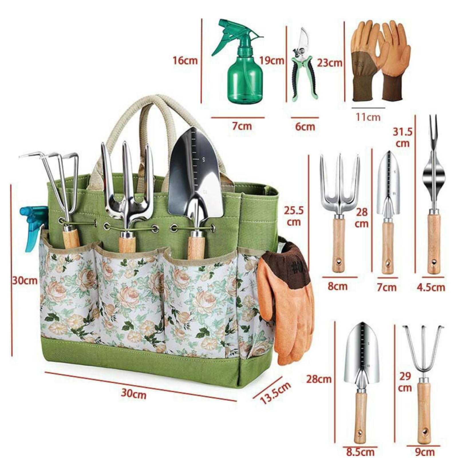 Kit de regalo de herramientas de mano de jardinería, regalos de jardinería para mujeres y hombres, 9 piezas de herramientas de jardín resistentes, bolsa de herramientas de jardín para mujeres y