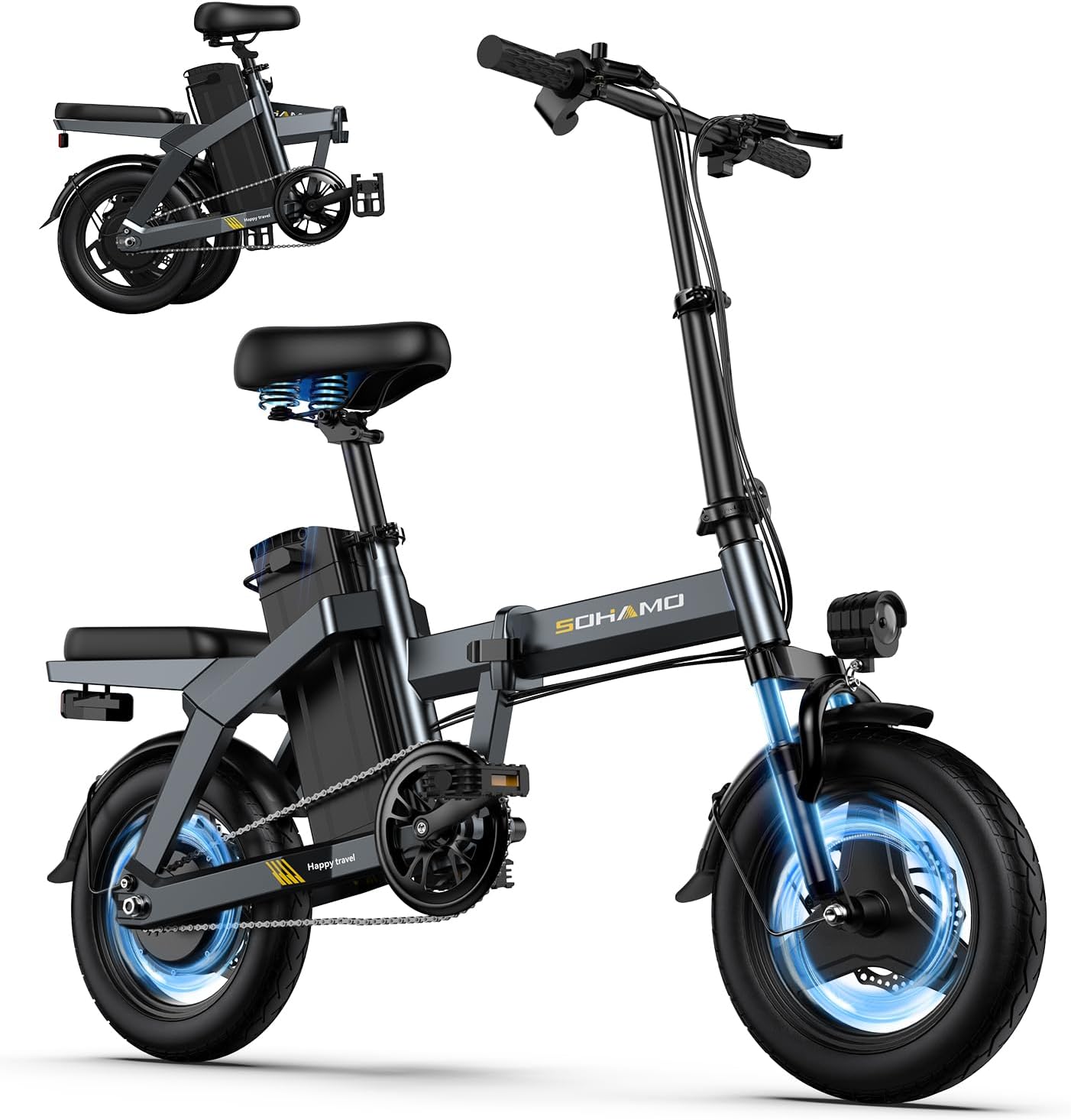 SOHAMO A3 Electric Bike for Adults, 400W Brushless Motor Foldable Mini Ebike with 22mph, 48V 12/16AH Multi-Shock Absorption 14" Small Electric Bicycles for Road Cruiser Cargo Pedal Assist