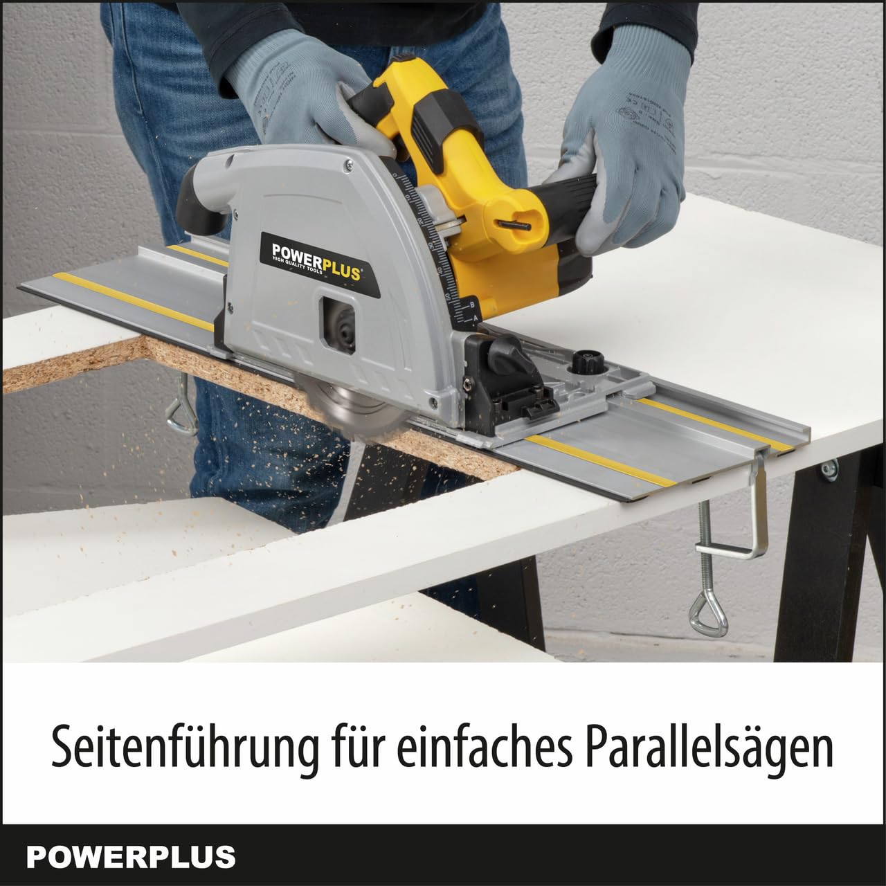 Powerplus Elektro-Tauchsäge POWX0562-1200W Elektrowerkzeug, Ø165mm - Seitenführung - elektrische Säge mit seitlicher Führungsschiene - Werkzeug Set für Zuhause