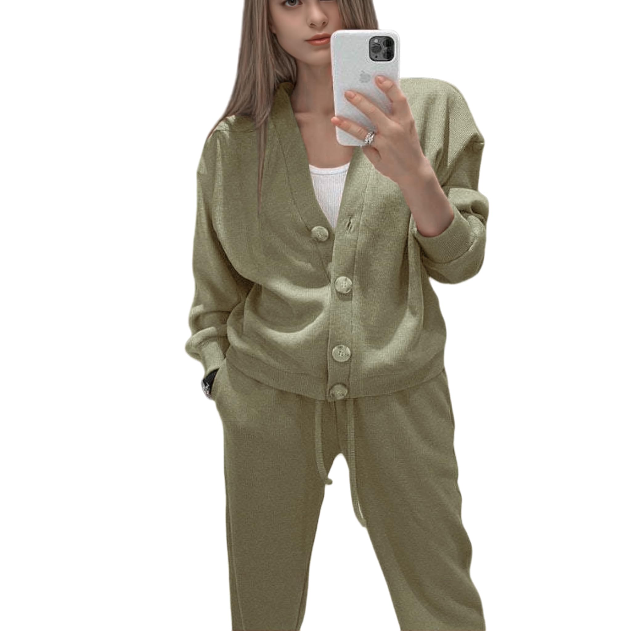 Veriliss 2-Teiliges Strickjacken Für Damen Leichte Klassische Langarm V-Ausschnitt Knöpfen Und Lange Hosen Passend Lounge Set