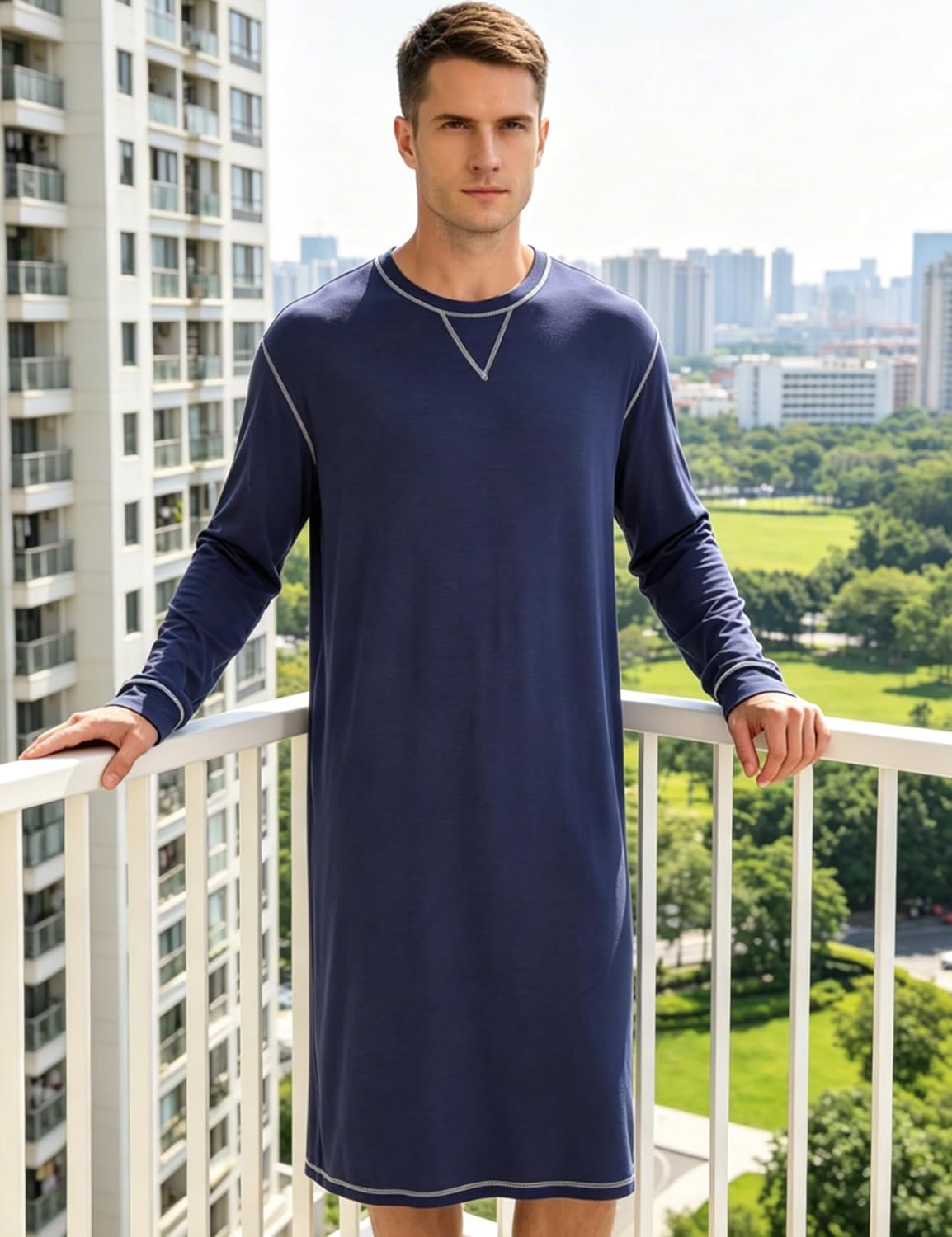 SWOMOG Mens Nightgown Long Sleeve Lounge, Sleep Henley Shirt Pajama Big & Tall Nightshirt Comfy Nightwear S-XXL