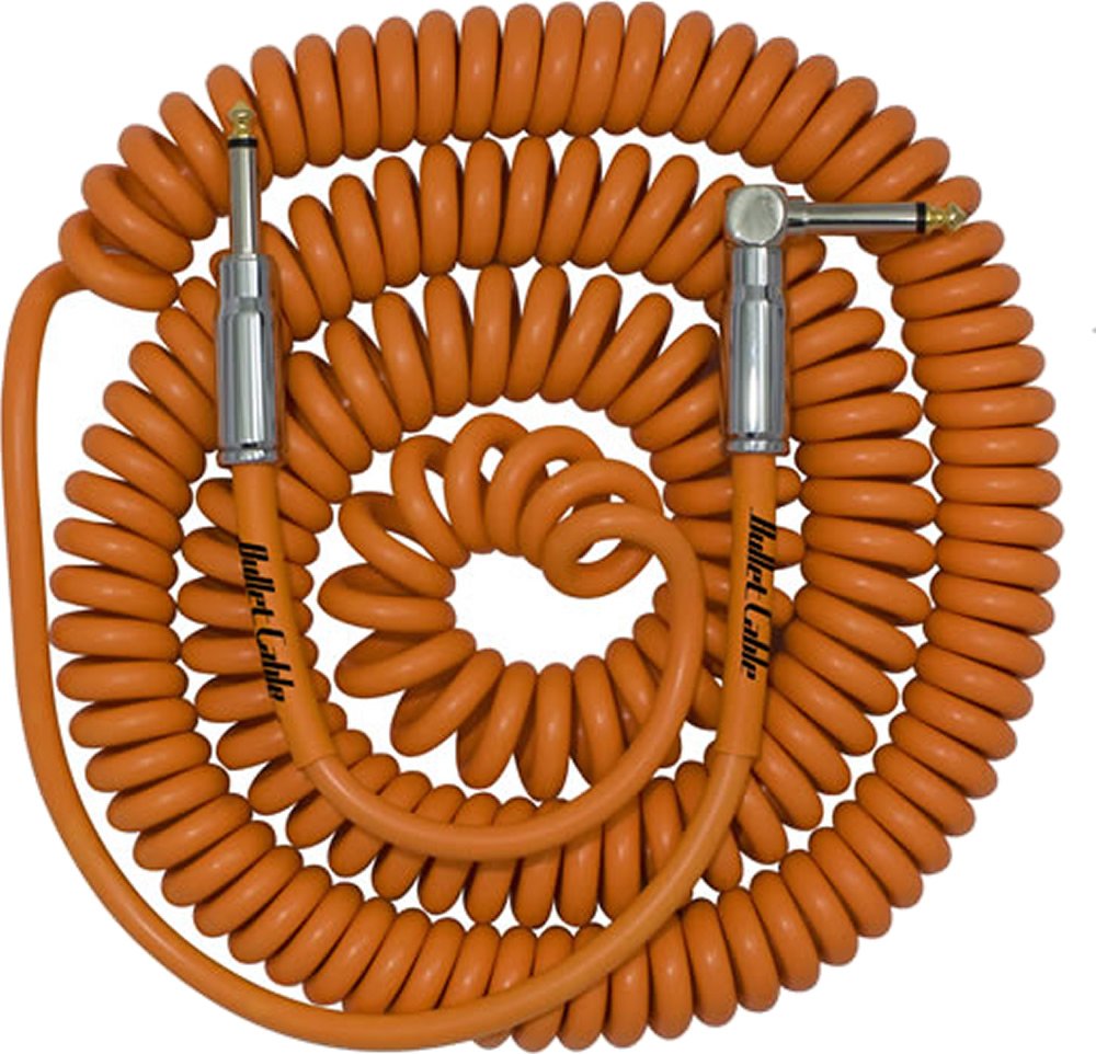 Bullet Cable 30ft Curly Lead (Orange) Straight Angled Chrome Jacks
