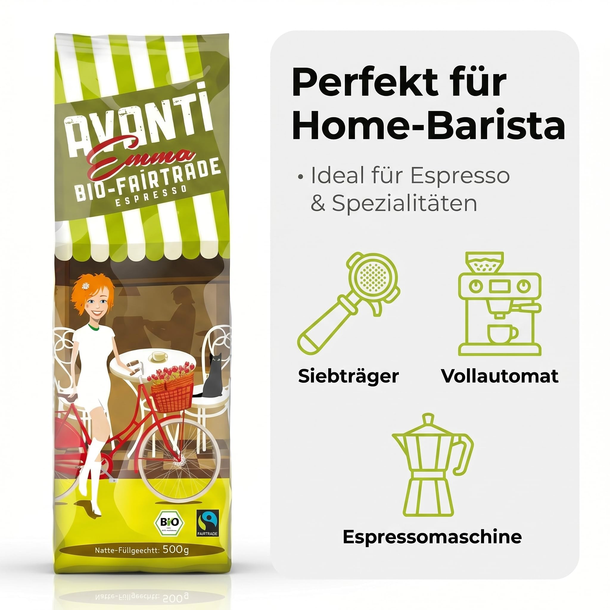 4 x AVANTI Emma Kaffeebohnen, Fairtrade Espresso, ganze Bohnen 500 g, 80% Arabica 20% Robusta, säurearme Langzeit-Trommelröstung (mitteldunkel), Schweizer Röstung und Abfüllung
