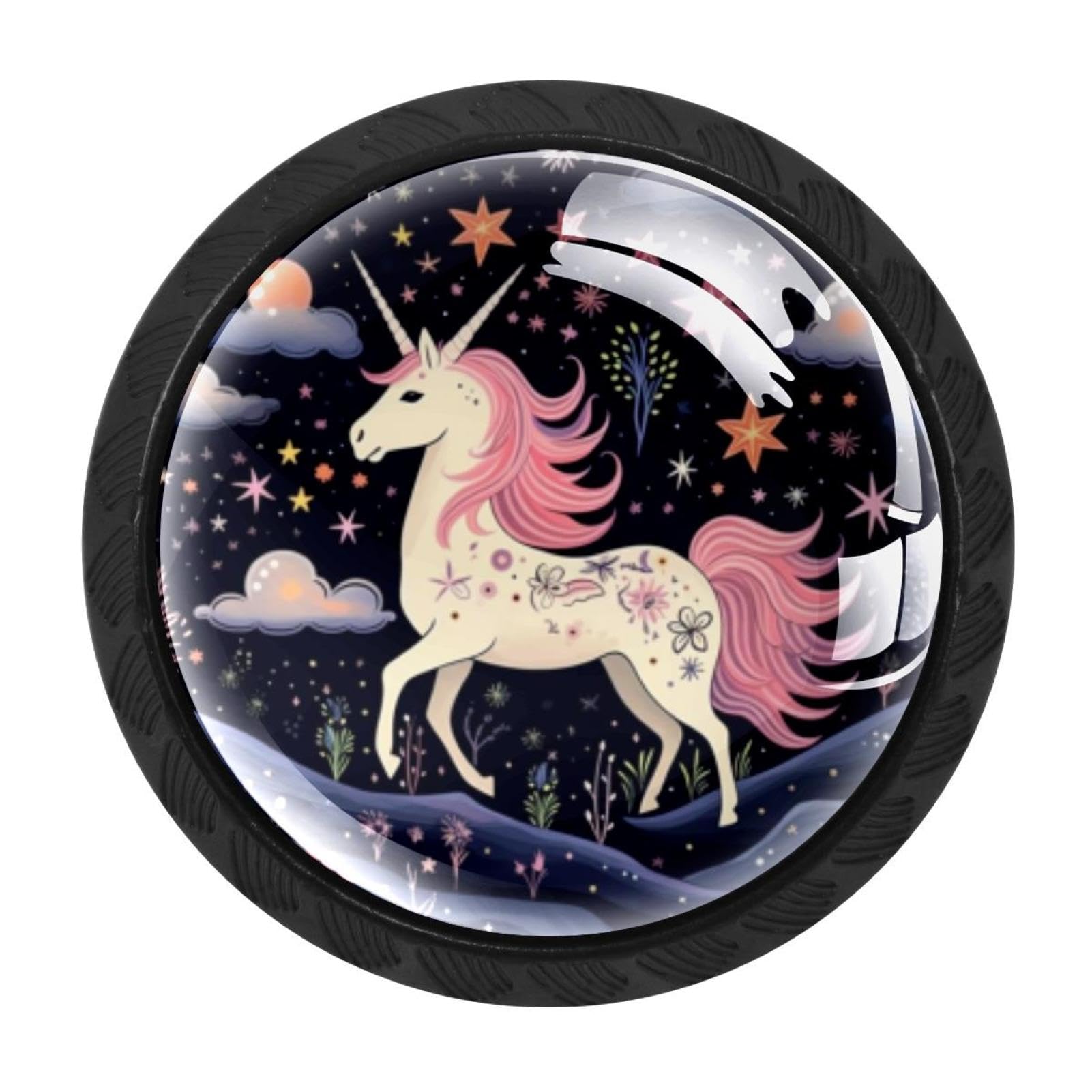 Chenzzzz Multicolored 05 4 Pieces Starry Unicorn Drawer Knobs, 35Mm Black Kitchen Cabinet Knobs, Drawer Pulls And Knobs, Glass Cabinet Hardware Single Hole Knob For Cabinets And Drawers Round