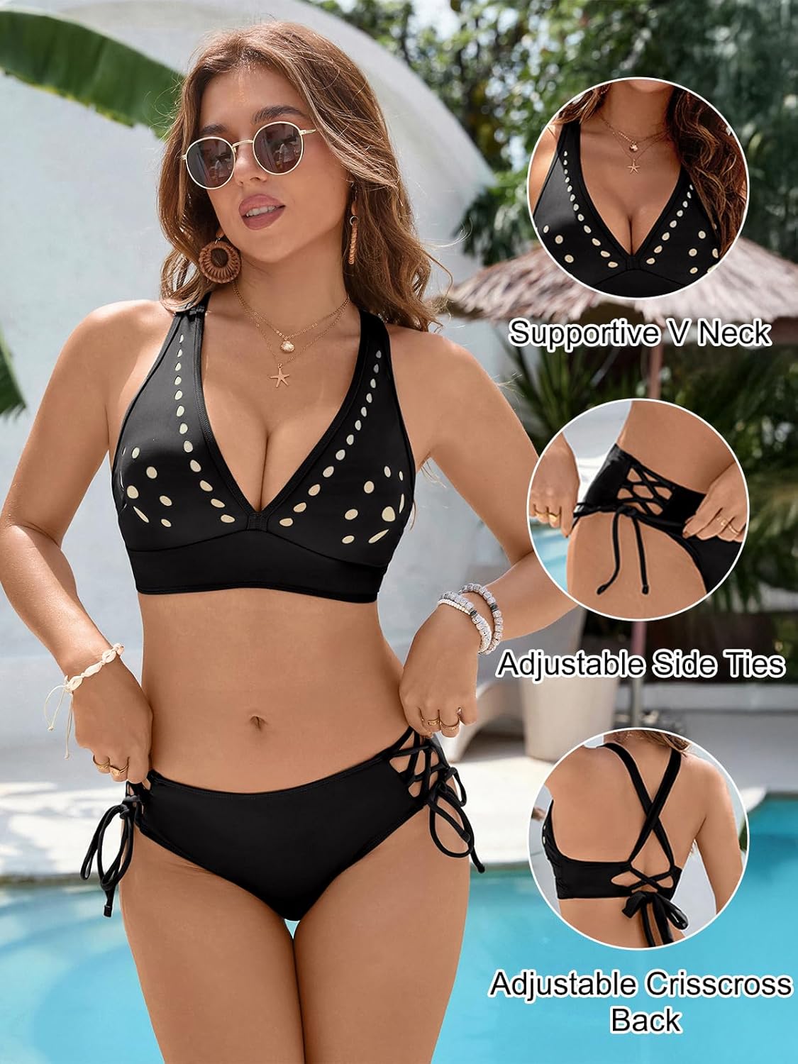 Blooming Jelly Women's Bikini Set Two Piece Swimsuit Modest Bathing Suit Petal Hollow V Neck Top String Mid Rise Bottom - Image 4