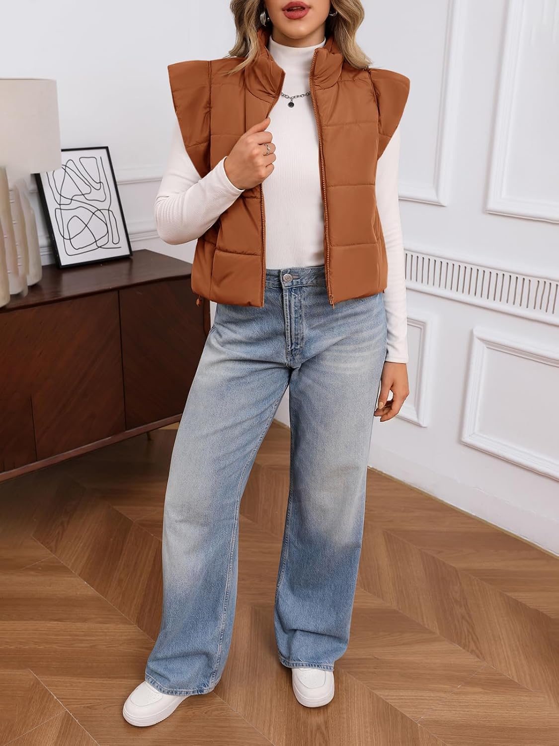 Tankaneo Womens Cropped Puffer Vest Cap Sleeve Zip Up Puffy Qulited Jacket Stand Collar Padded Gilet Coat Winter Outerwear - Image 6