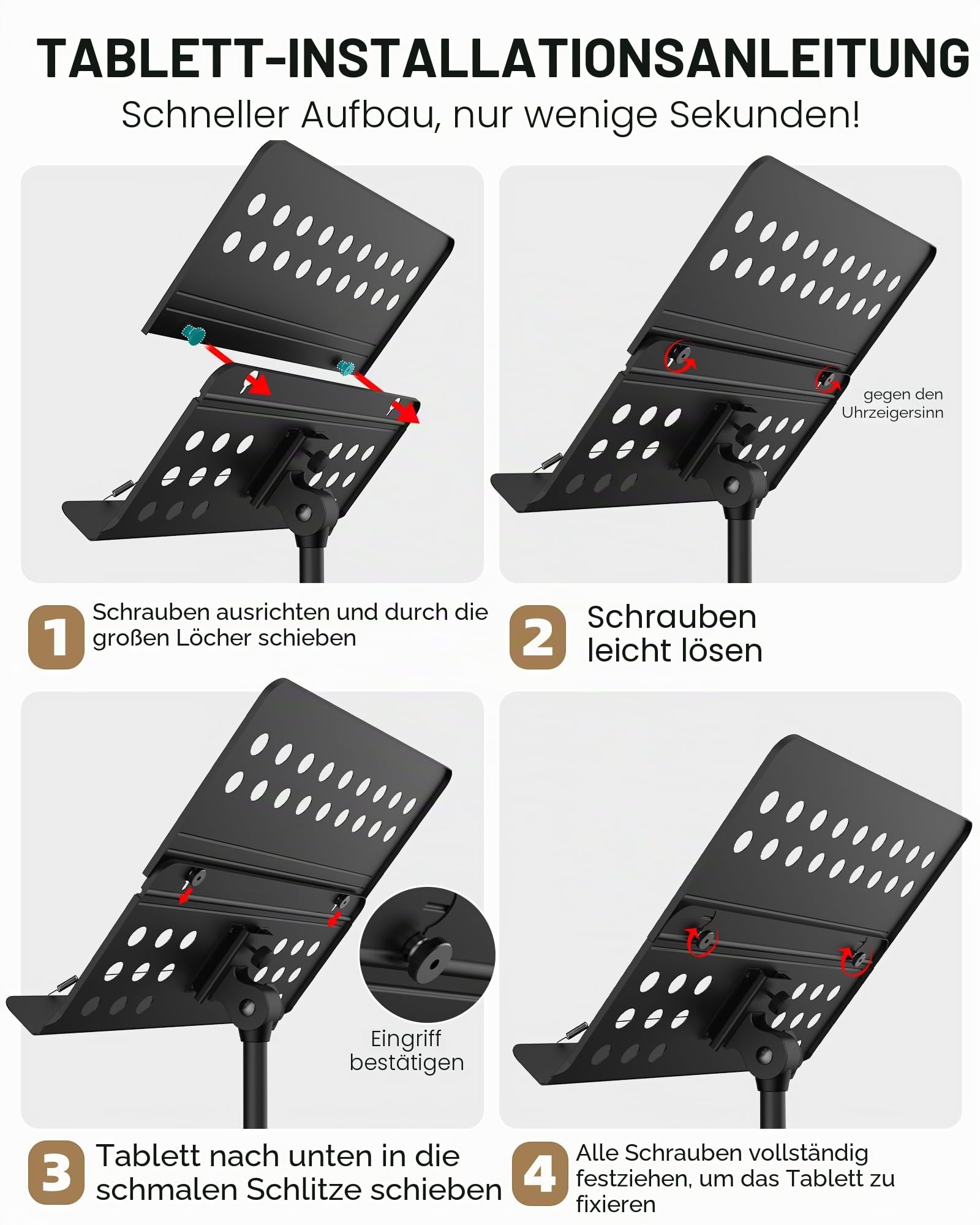 Vekkia Notenständer – Professioneller Notenständer klappbar stabil aus Metall mit perforierter Notenablage, höhenverstellbar und faltbar, inkl. Tragetasche, ideal für Bandauftritte und Proben
