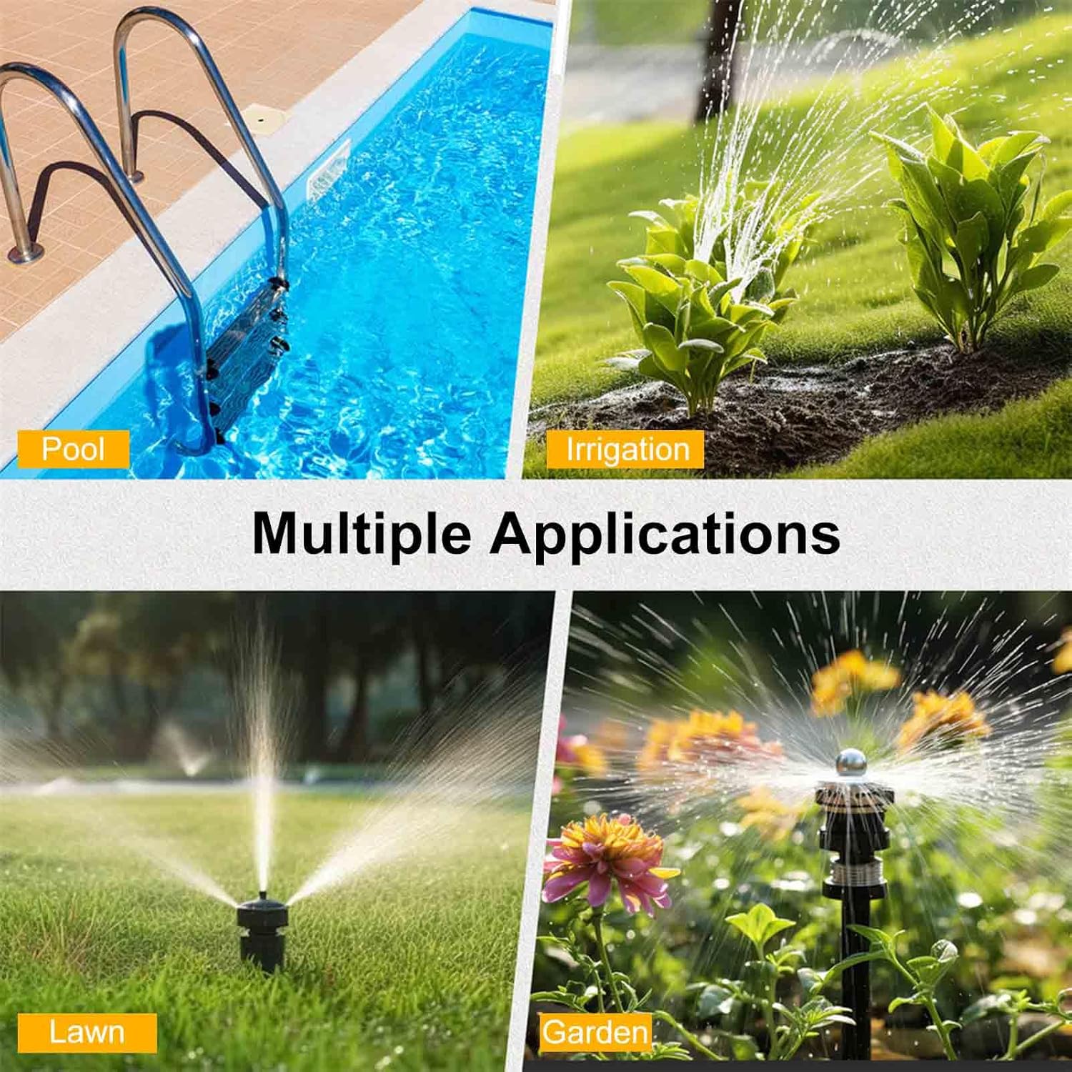 Image showing multiple applications of the sprinkler timer, including pool, irrigation, lawn, and garden.
