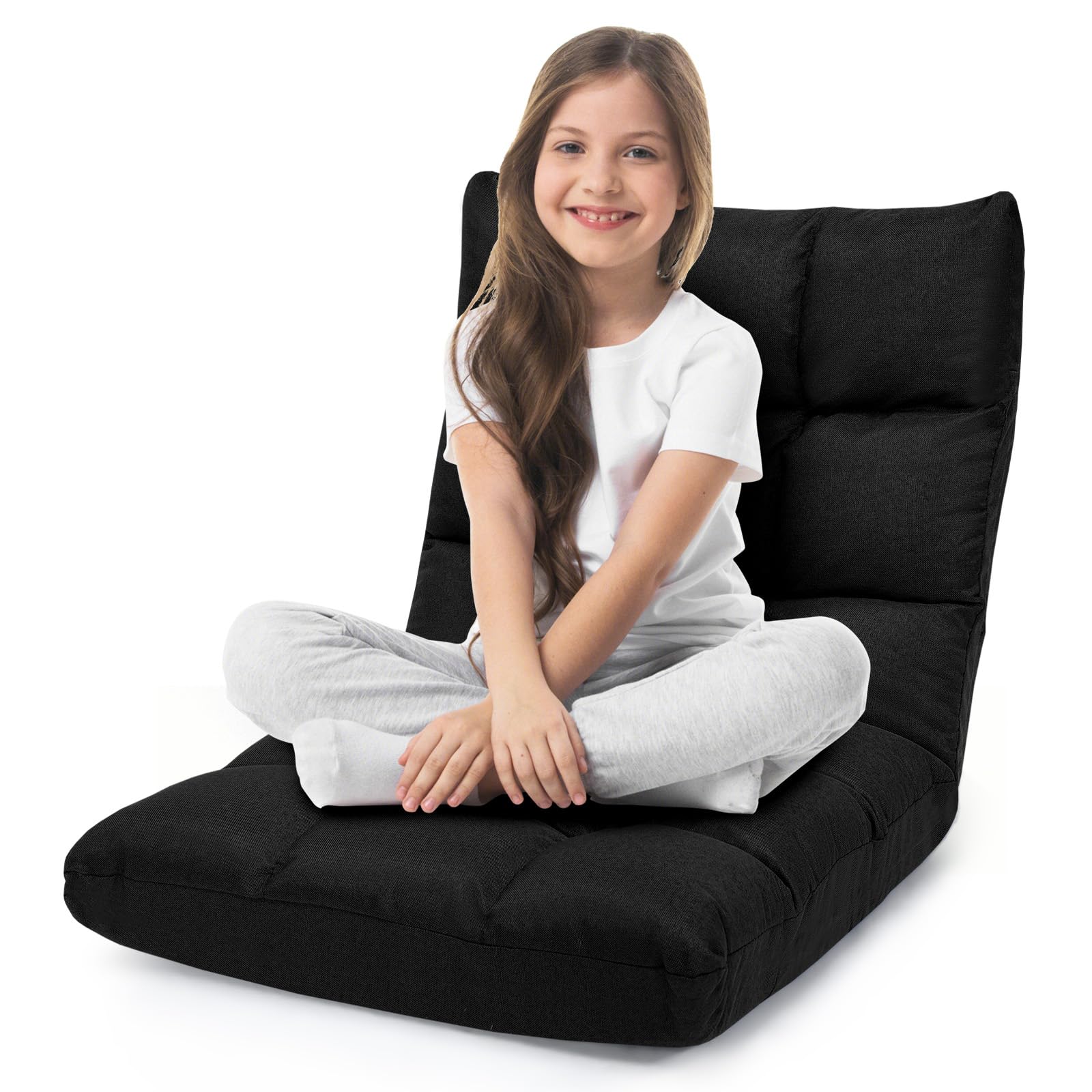 ERGOMASTER Modern Black Adjustable 14-Position Floor Chair, Gaming, Reading, Recliner, Linen Fabric, 264 lbs Capacity