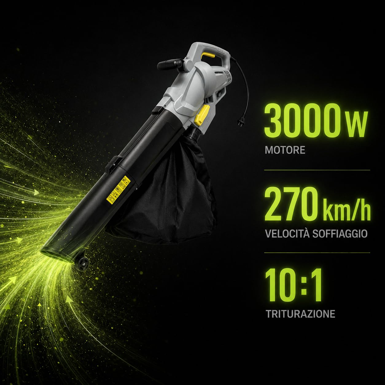 KOMBO - Soffiatore/Aspiratore 3000W con Triturazione 10:1, Velocità 270 km/h, Sacco 45L, con Ruote Guida – Per Foglie ed Erba – Alimentazione 230V – Modello KO270/2