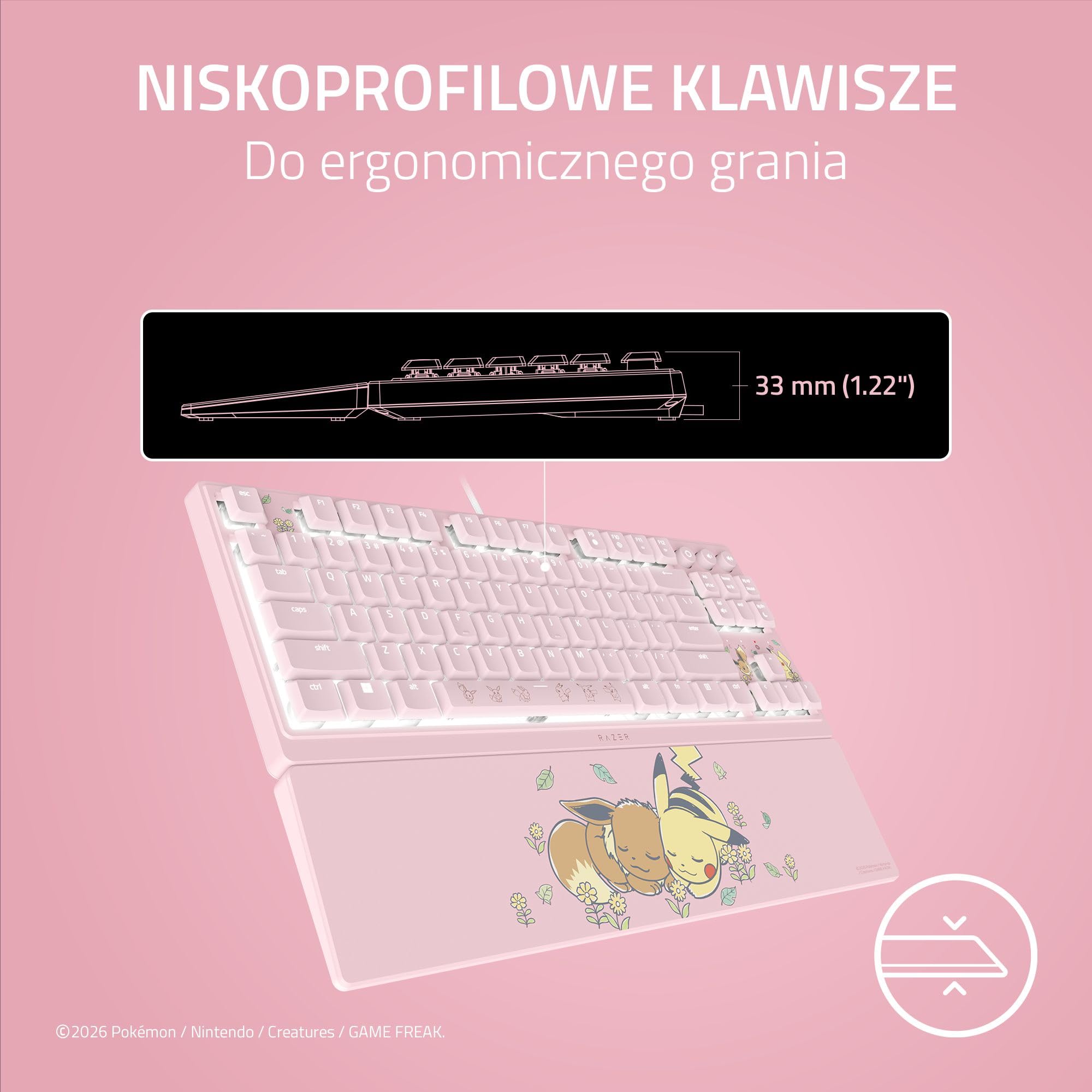 Razer Ornata V3 Tenkeyless Pokémon Pikachu & Eevee - Kompaktowa, płaska klawiatura do gier - Podświetlenie Chroma - Dedykowane multimedialne - klawiszy US QWERTY | Switch membranowe