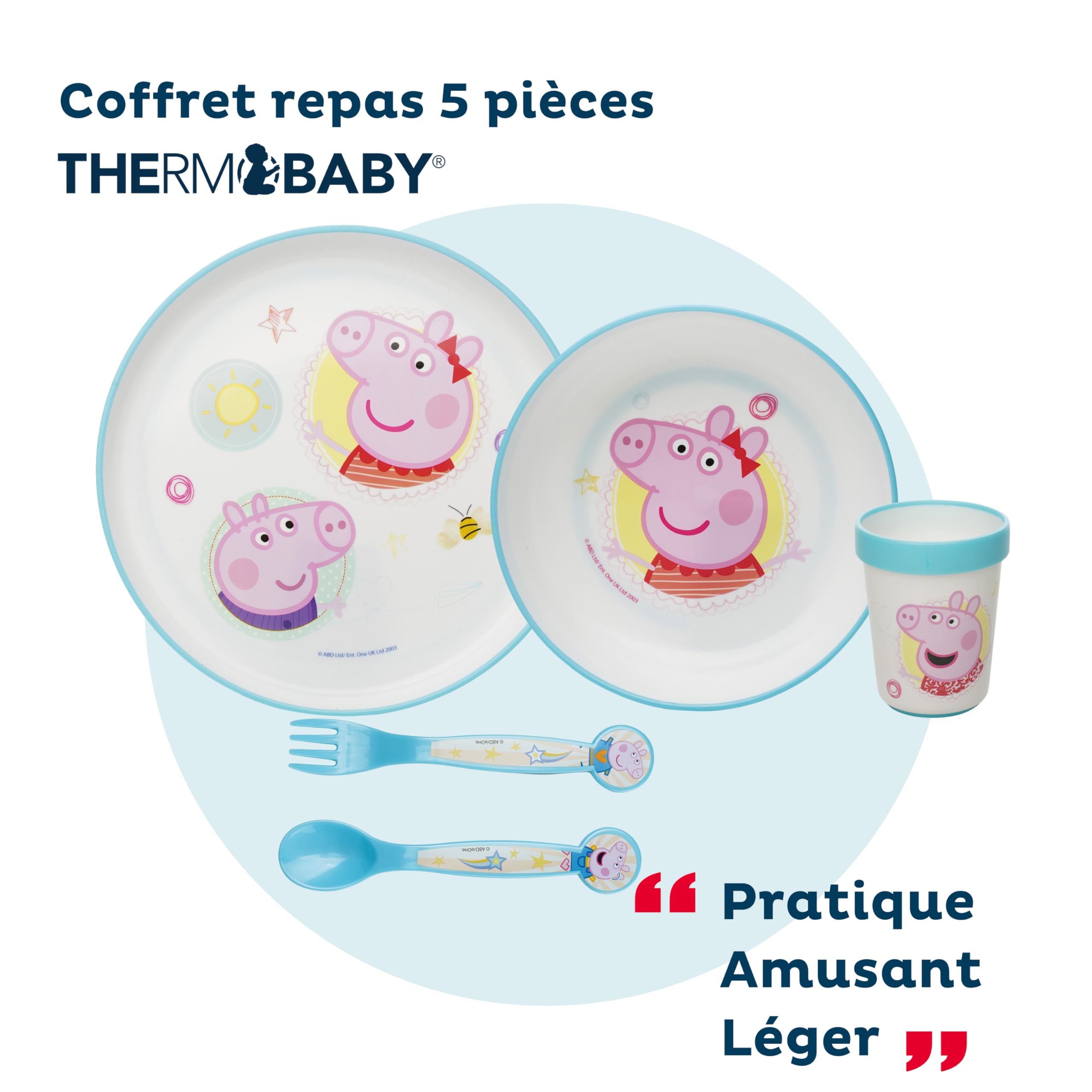 THERMOBABY Coffret repas complet Peppa Pig antidérapant | Coffret avec assiette, bol, gobelet et couverts, compatible micro-ondes, dès 10 mois.