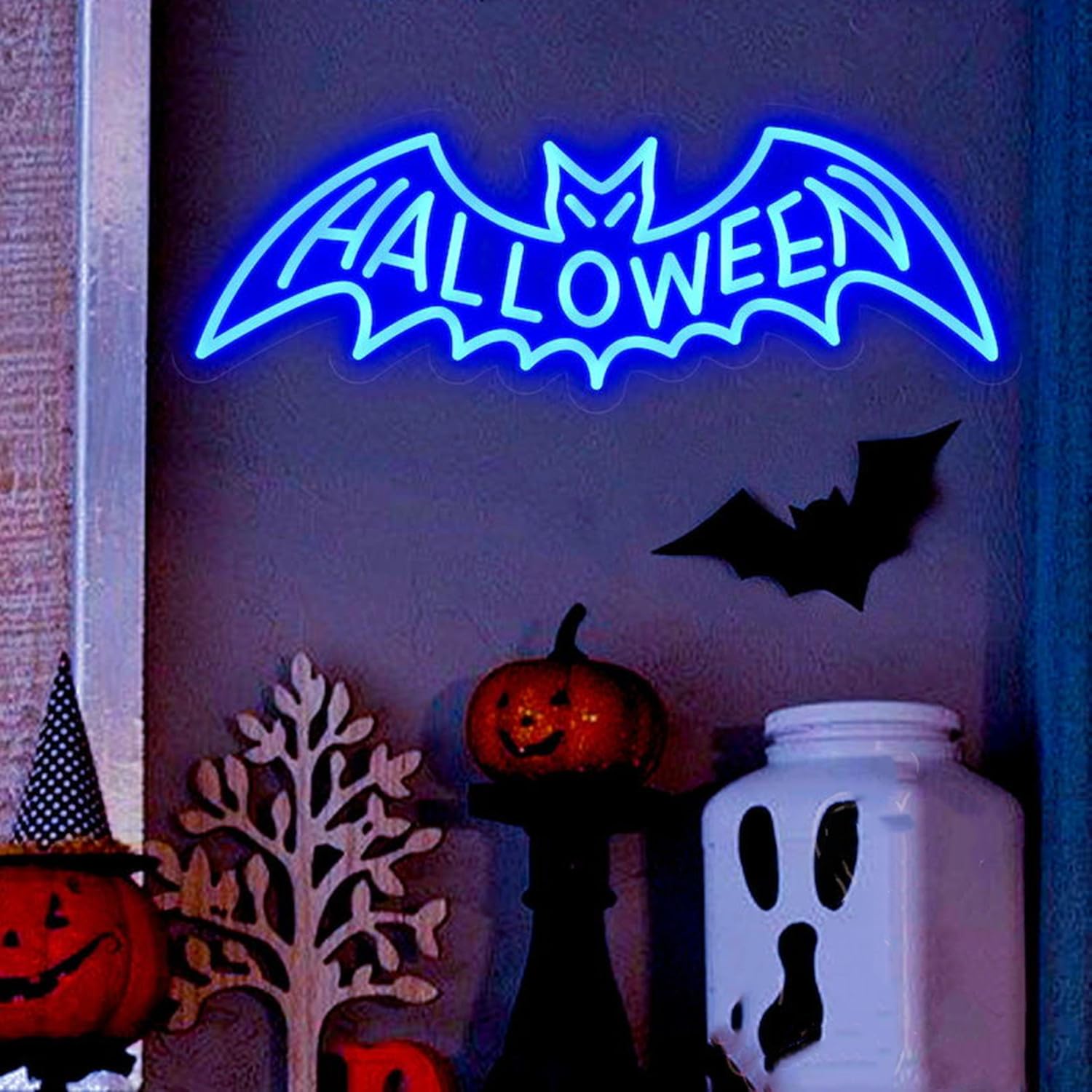 HFHungkeong LED Bat Neon Sign Light Arcylic Halloween Bat Light up Signs Banner with Dimmable Switch and Hanging Chain for Halloween Desktop Table Fireplace Bar Party Decorations