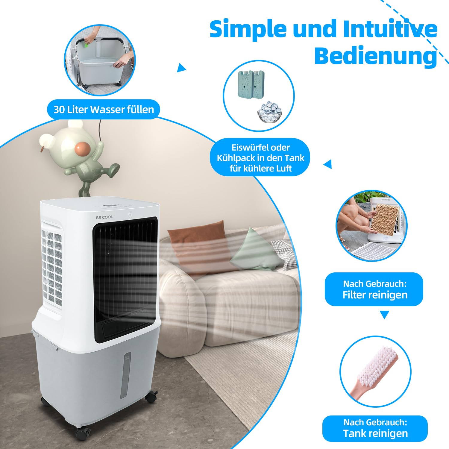 BE COOL Luftkühler | 30L Wassertank | 120W | WiFi-Steuerung | 1800 m³/h Luftzirkulation | 15m Reichweite | Trockenluftfunktion | LED-Display | Timer | Fernbedienung | BC30ACP2501W