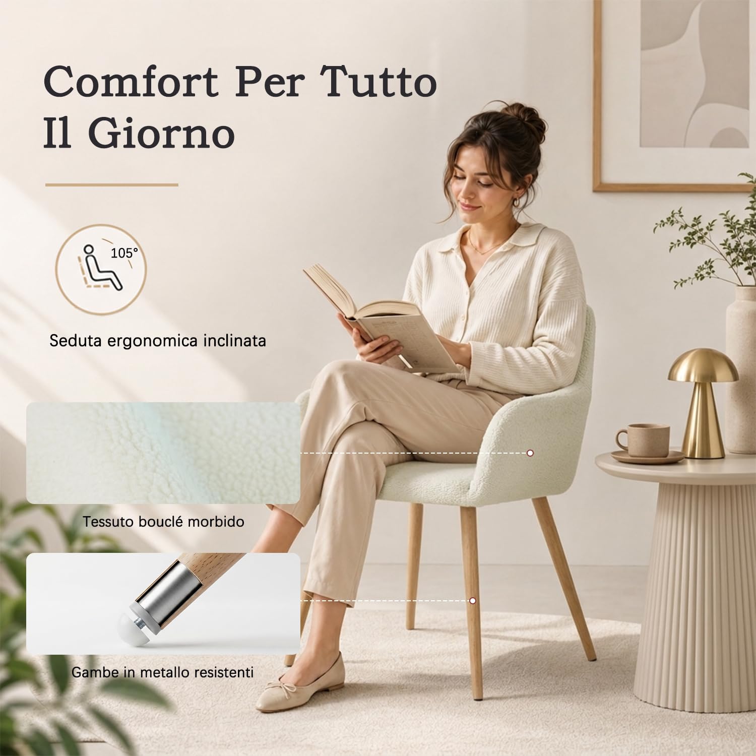 MEUBLE COSY Set di 2 Sedie da Pranzo Poltrona Imbottito con Schienale Braccioli in Tessuto Sherpa Gambe in metallo per Cucina Sala Soggiorno