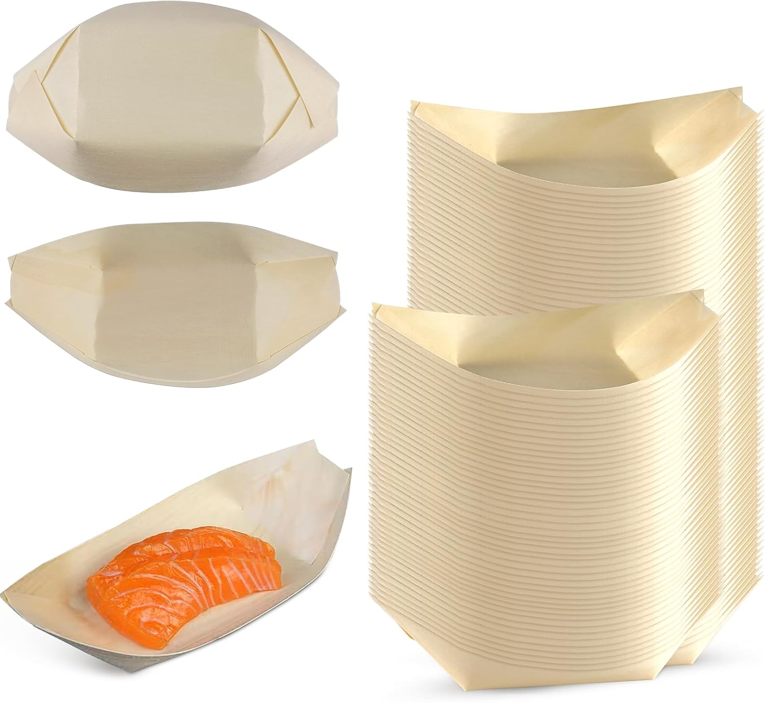 300 PCS Disposable Wood Boat Plates 6.7'', Charcuterie Bamboo Boats for Appetizers, Sushi, Food Serving Tray Container Wood Bowl for Catering and Home Use