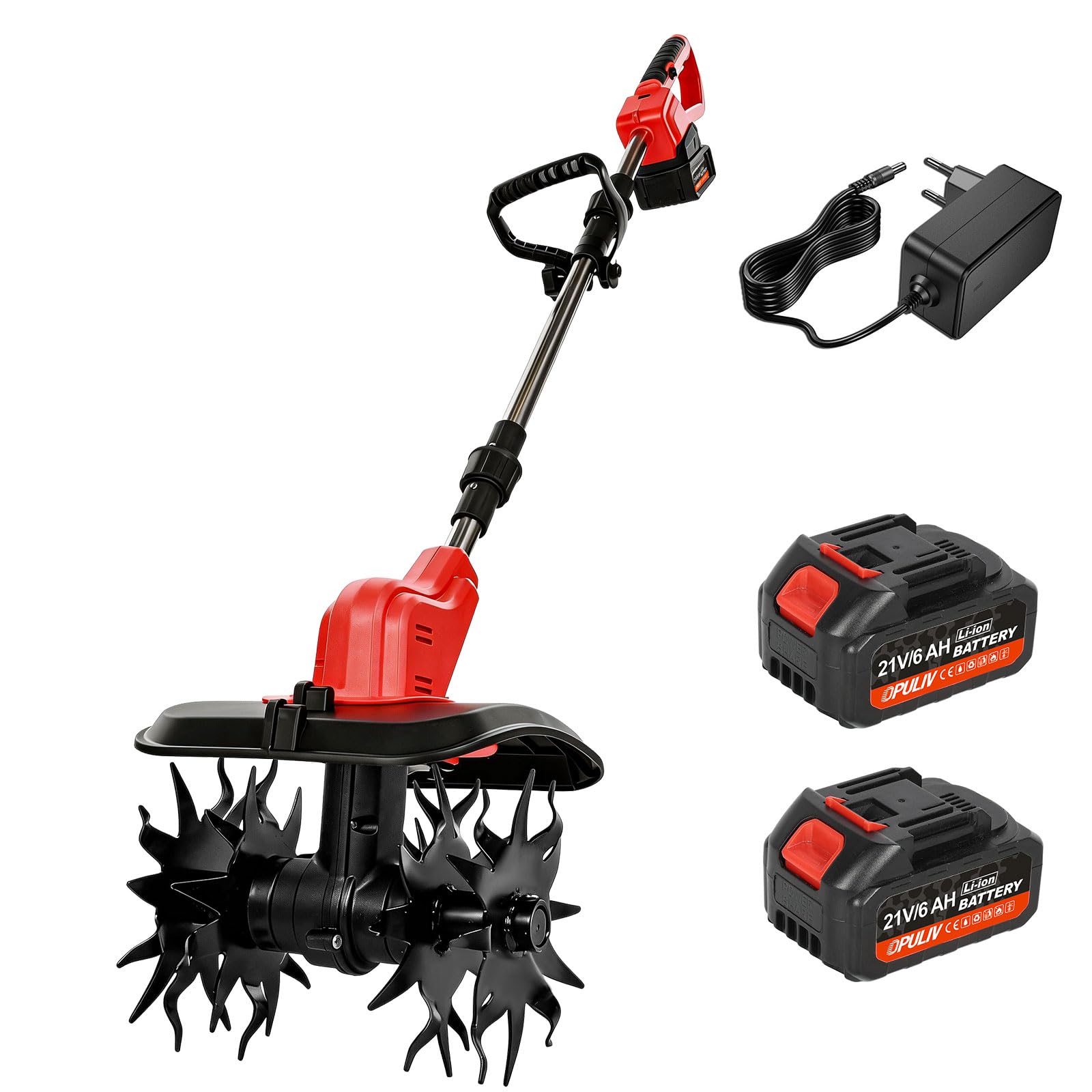 Motozappa elettrica senza fili per giardinaggio, motore brushless da 800 W con 2 batterie da 21 V 6,0 Ah, larghezza di lavorazione 22,9 cm e profondità 16,8 cm, 360 giri/min, 4 lame in acciaio