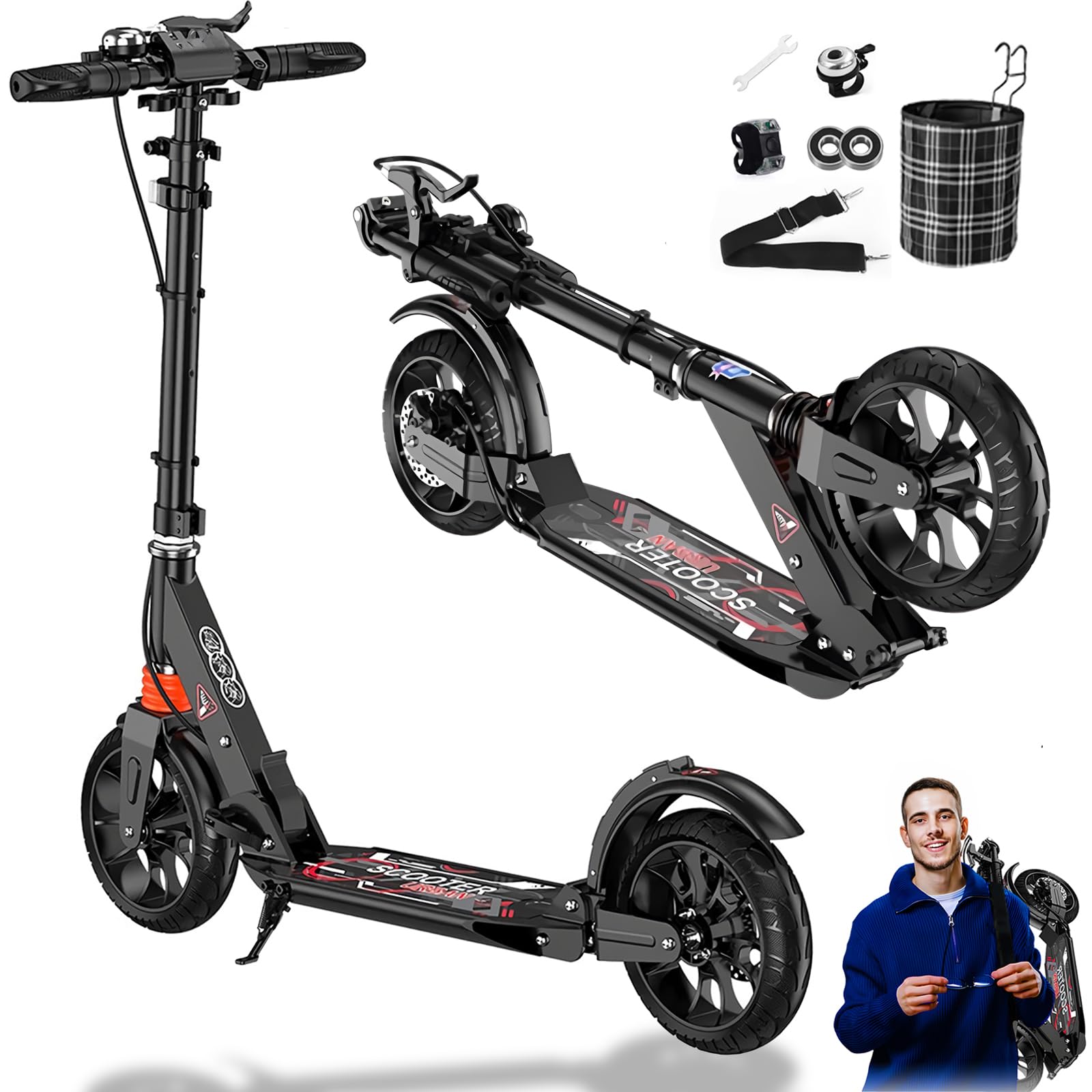 Cityroller Luxus Tretroller Erwachsene 150 kg Tragkraft, 200mm Big Wheel Scooter mit Bremsen und Stoßdämpfern, ABEC 9 Kickboard Klappbar & Höhenverstellbar, Erwachsene und Kinder