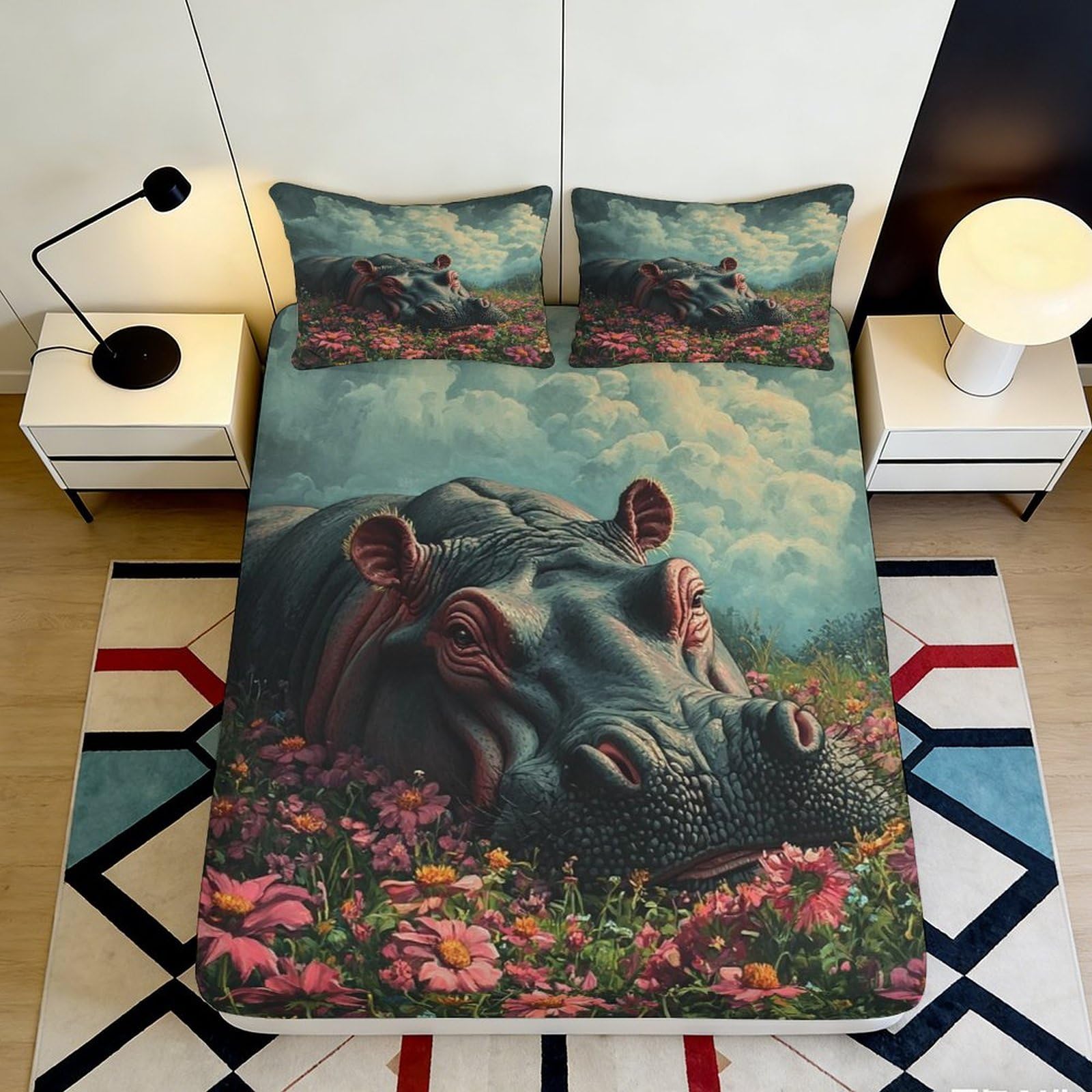 Pnayamiorkfel Style-6 3D Printed Hippo In Flower Field Fitted Sheet Microfiber Soft Anti-Slip Mattress Cover For Bedroom Dorm Decor 90X200x25cm