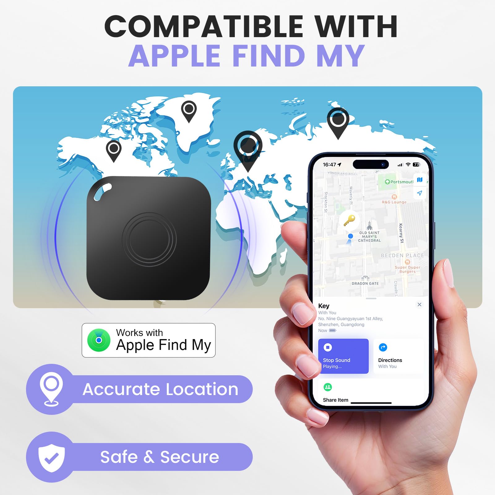 Détecteur d'articles Air Tracker compatible avec l'application Apple Find My (iOS uniquement), batterie remplaçable, étanche IP67, localisateur d'objets Bluetooth intelligent anti-perte pour clés