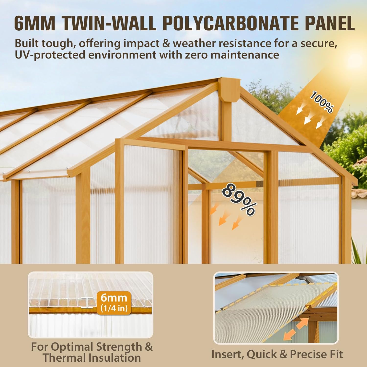 COOS BAY 6x8ft Cedar Wood Greenhouse with Roof Vents, Outdoor Greenhouse Kit, Weather Resistant Plant Garden House, Natural Cedar