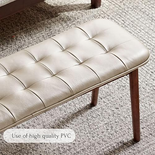 Miniatura 9 de Vadisun Banco tapizado tradicional para dormitorio, banco 100% madera maciza, cojín de cuero suave, banco de entrada y banco de comedor (marrón,