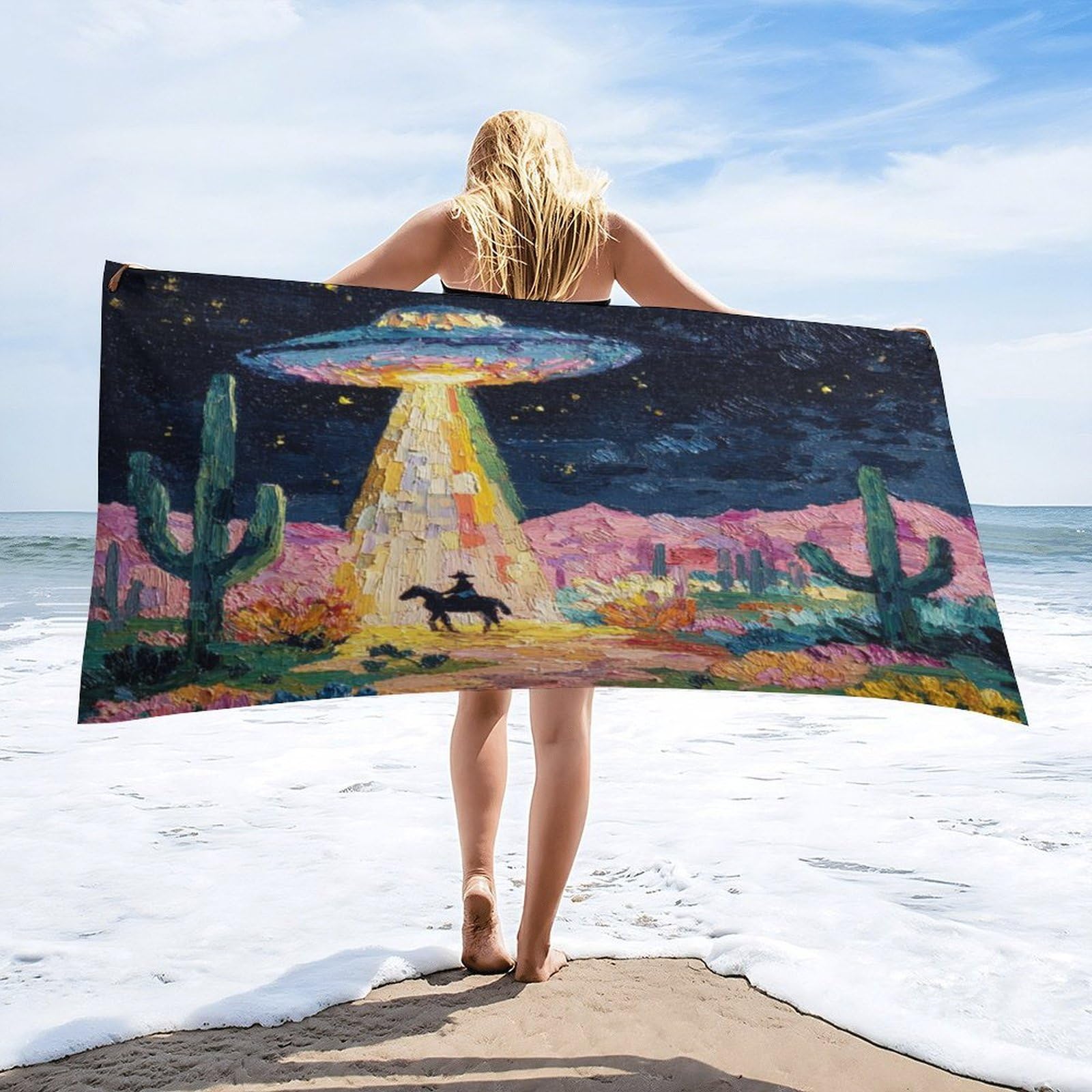 Luyysky Classic Abstract Ufo Cowboy Absorbent Beach Towel, Vintage Western Plant Cactus Flowers Animal Horse Outdoor Single-Sided Velvet Beach Towel-80 W Cm X 160" L Cm