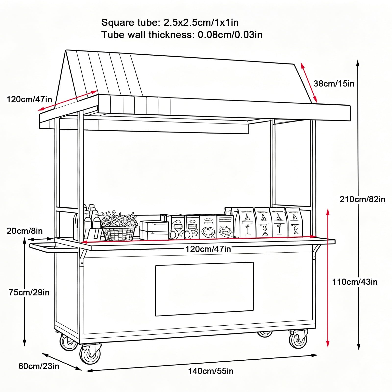 Carrello alimentare con tettoia, stand del mercato, struttura in ferro, ruote bloccabili per street food ed eventi pop-up, perfetto per mercati all'aperto
