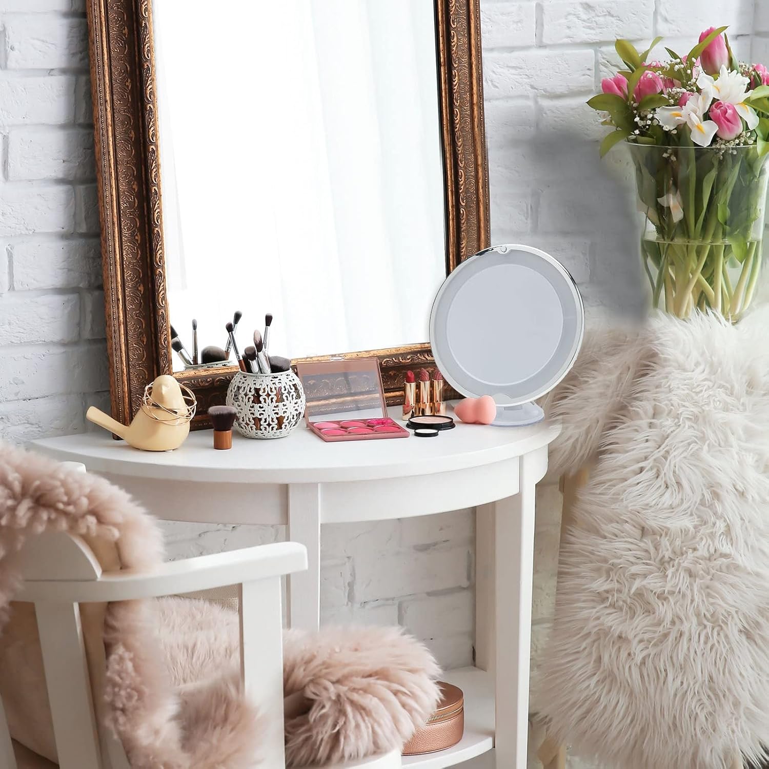 Round LED Magnifying Makeup Mirror with Suction Base