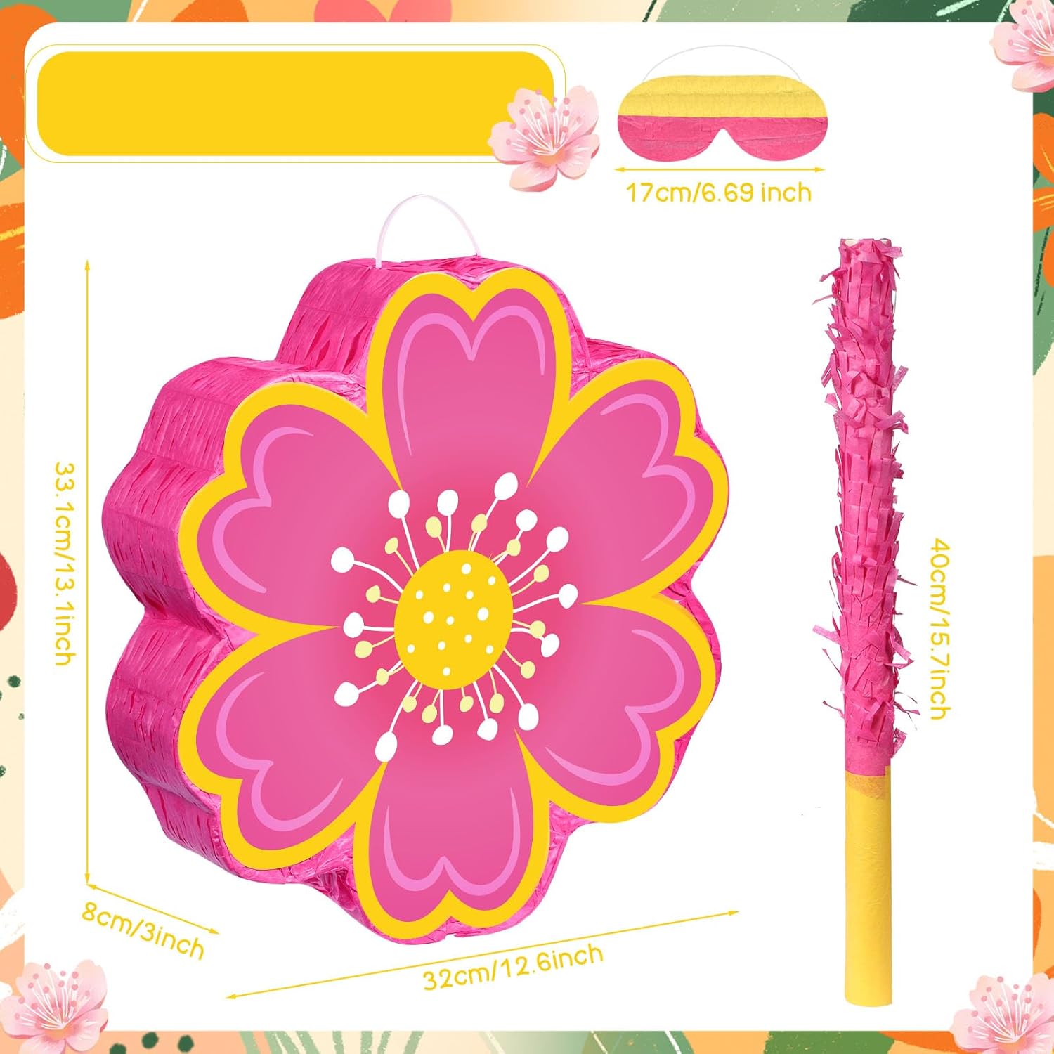 Aoriher Daisy Flower Piñata Set with Blindfold and Bat Pink Flower Piñata Daisy Hippie Boho Game for Birthday Baby Shower Gender Reveal Wedding Floral Party Supplies Decorations (Pink Flowers)