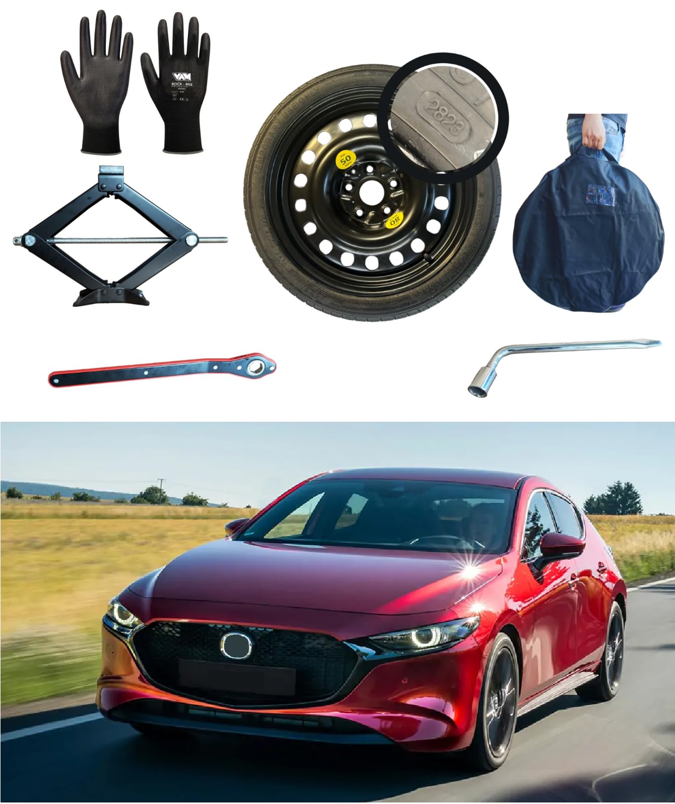 Notrad 17" kompatibel mit Mazda 3, 125/70R17 | mit Wagenheber, mit Schlüssel, mit Handschuhe, mit Tasche