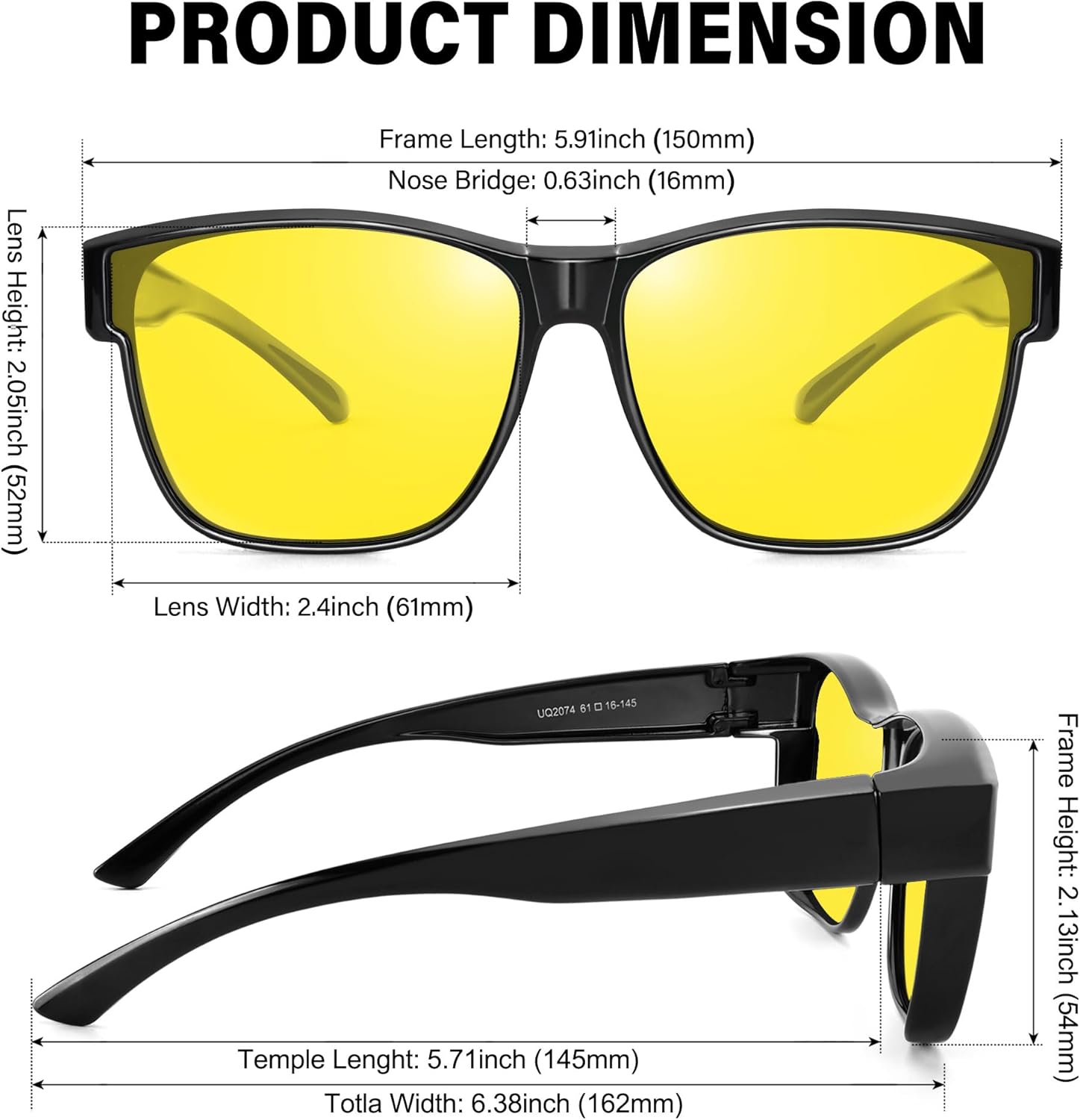 URUMQI Night Vision Driving Glasses Fit Over Eyeglasses for Men Women, Anti Glare Polarized Nighttime Glasses Yellow Lens - Image 2