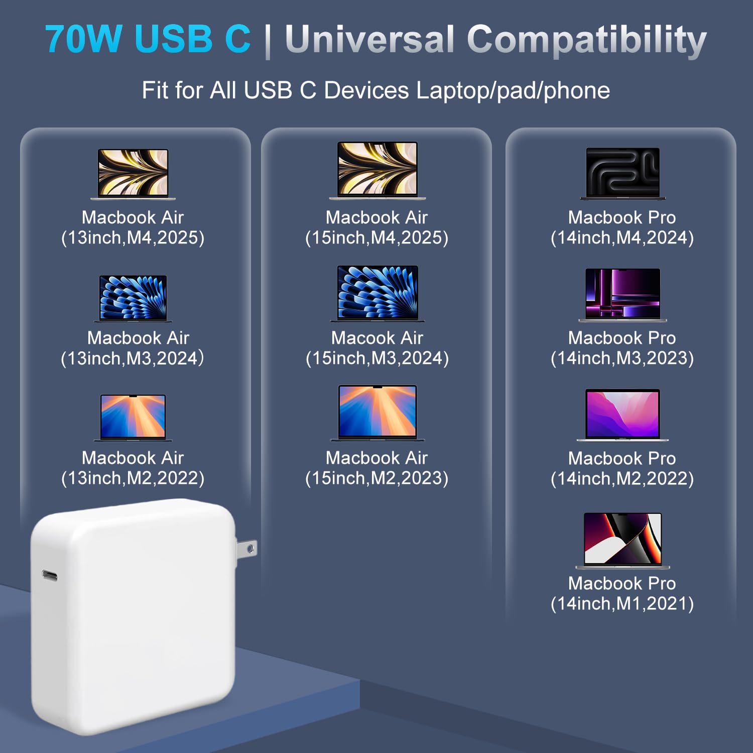 Charger for Mac Book Air 15 13 Inch Mac Book Pro14 Inch M4 M3 M2 M1 2025 2024 2023 2022 2021,70W USB-C to Mag 3 Power Adapter,Include 6.6ft 5A USB-C to Mag 3 Cable