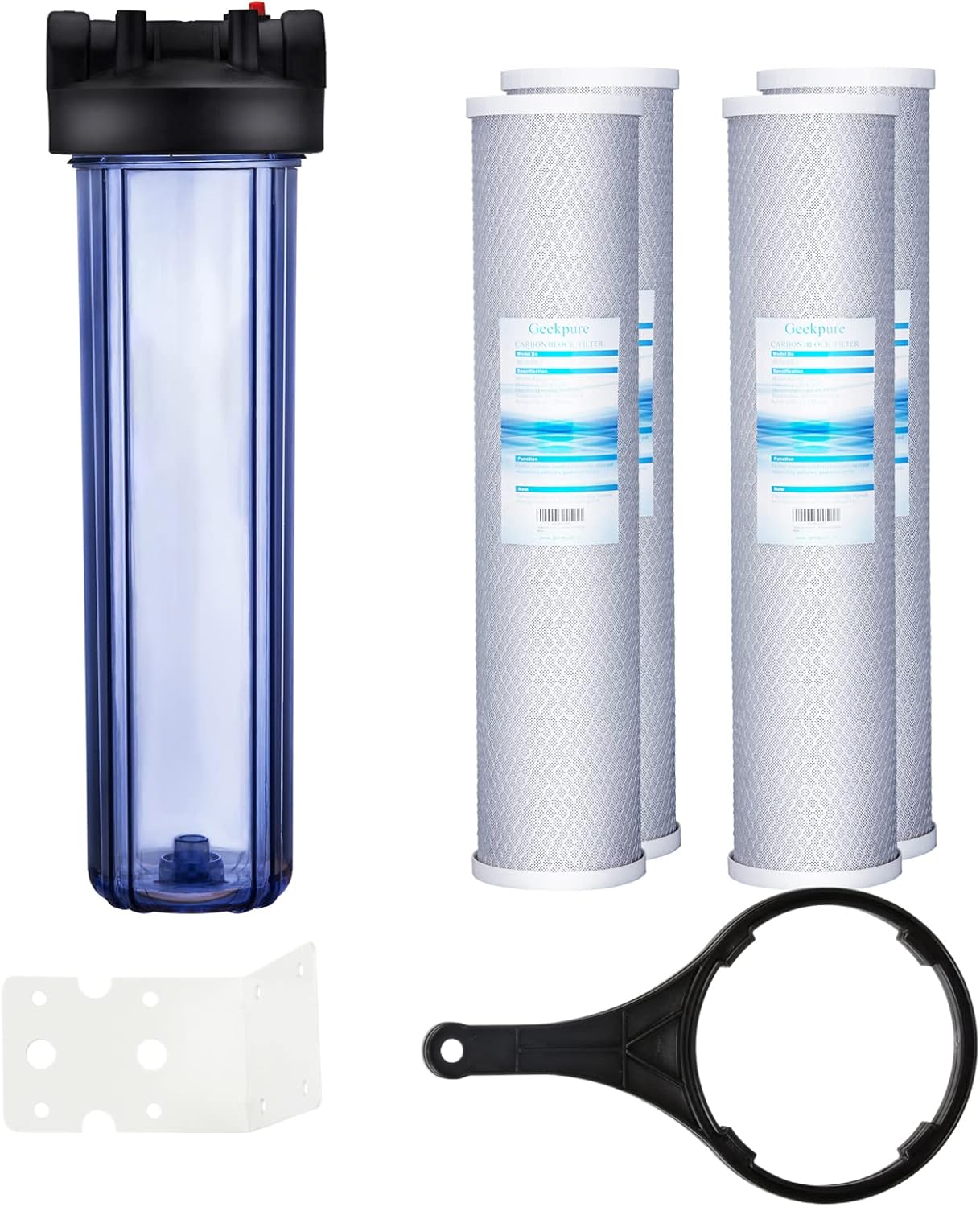Geekpure Single Stage Whole House Water Filter System with 20-Inch Clear Housing-1"NPT Port with 4 Pieces Carbon Block Filters