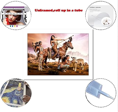 Miniatura 2 de Zbin Arte de pared nativo americano, tribal, indio, mujeres, guerreras, caballo y lobo, póster impreso en lienzo para decoración del hogar, pintura,