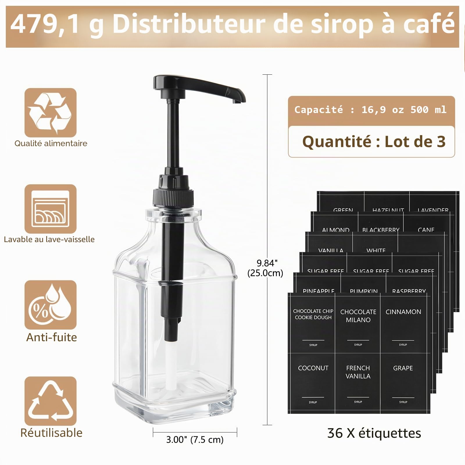 YBCPACK Lot de 3 distributeurs de sirop à café en verre de 500 ml - Distributeur de sirop anti-fuite avec étiquettes - Bouteilles de sirop à remplir pour café et cuisine