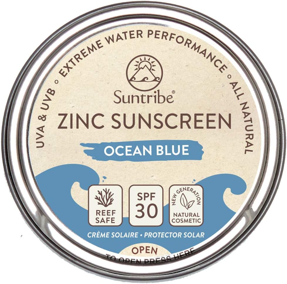 Suntribe All Natural Zinc Sunscreen - Face & Sport - SPF 30 - Reef Safe - Zinc Oxide (Mineral UV-Filter) - 4 Ingredients - OCEAN BLUE (45 G)