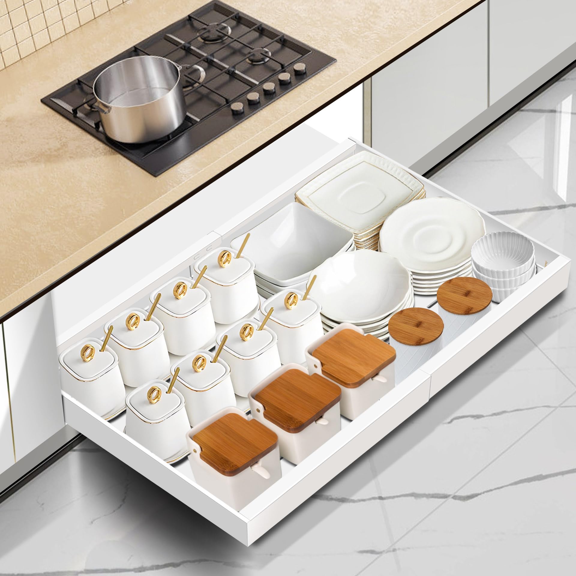 Mimoke Organisateur de placard extensible - Tiroir de cuisine télescopique avec colle - Organisateur de tiroirs de rangement pour cuisine/salle de bain (blanc, largeur 31 à 52 cm, profondeur 42 cm)