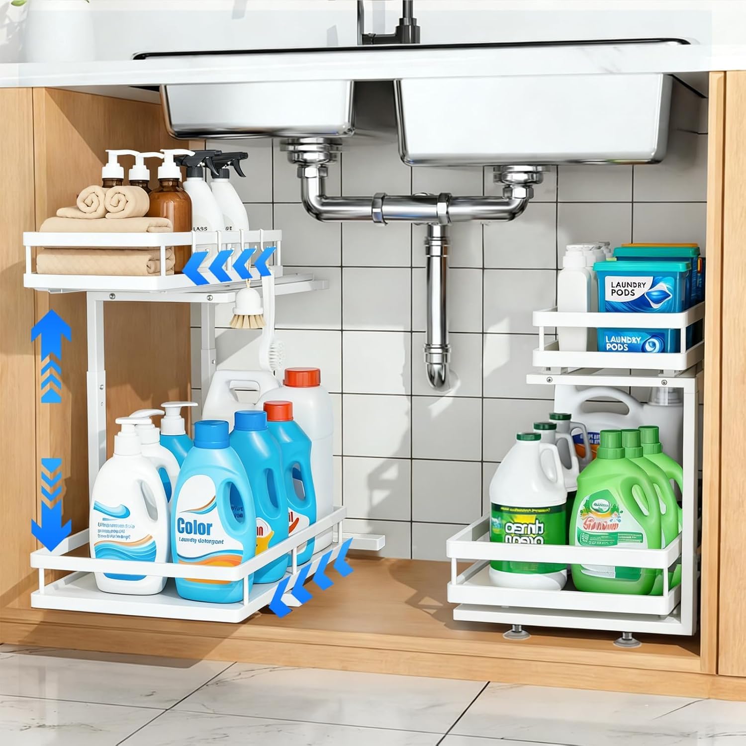 Under Sink Organizer, Dual-Rail Ball-Bearing, Under Kitchen Sink Organizer, 6-Level Adjustable, Under Cabinet Organizer, No-Drill Adhesive/Suction, Under Sink Storage (white, 2-pack)