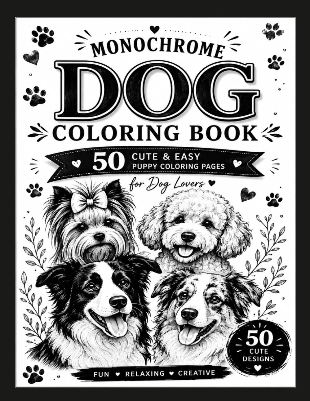 Monochrome Dog Coloring Book: 50 Cute and Easy Puppy Coloring Pages for Dog Loverss Fun Animal Designs for Relaxation and Creativity