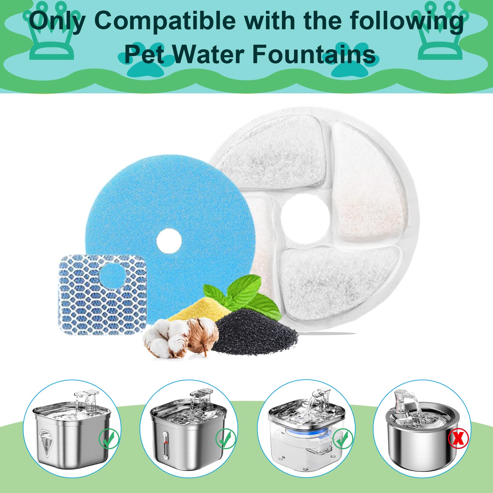 Cat Water Fountain Filter,Cat Fountain Filters Replacement for Square 2.2L/73oz Stainless Steel Pet Water Fountain,5 Pack Pet Fountain Filter Replacement - image 2