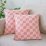 Faux Fur Plush Decorative Throw Pillow Covers 18x18 Square Checkered Soft Faux Fur Pillow Covers for Couch Christmas Set of 2 Pink-Z x2