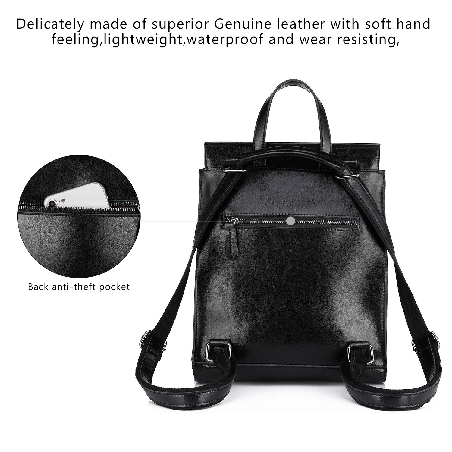 Realer Borse a Zainetto Casual Zaino Donna Pelle Vera Elegante Zaini da Donna Cuoio Borsa Daypack per Scuola Viaggio Lavoro Shopping Nero