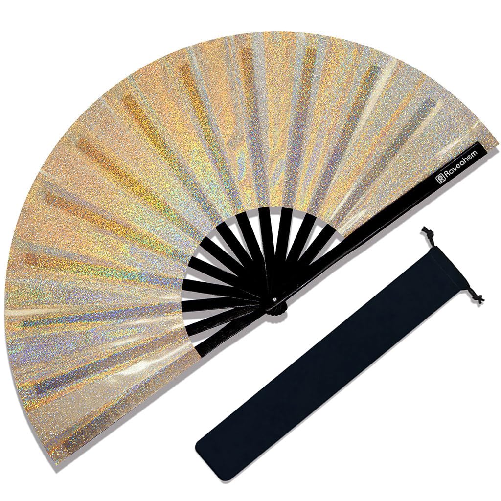 Raveahem - Rave Large Fan Clack Folding Fan with High Quality Fabric Thick Bamboo Frame for Men Women Gift for EDM Festival Club Party Dance Decoration