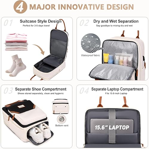 Miniatura 3 de Mochila de viaje grande para mujer, 40L, mochila de equipaje personal, mochila casual, negro, beige (Black-Beige), Mochilas de viaje