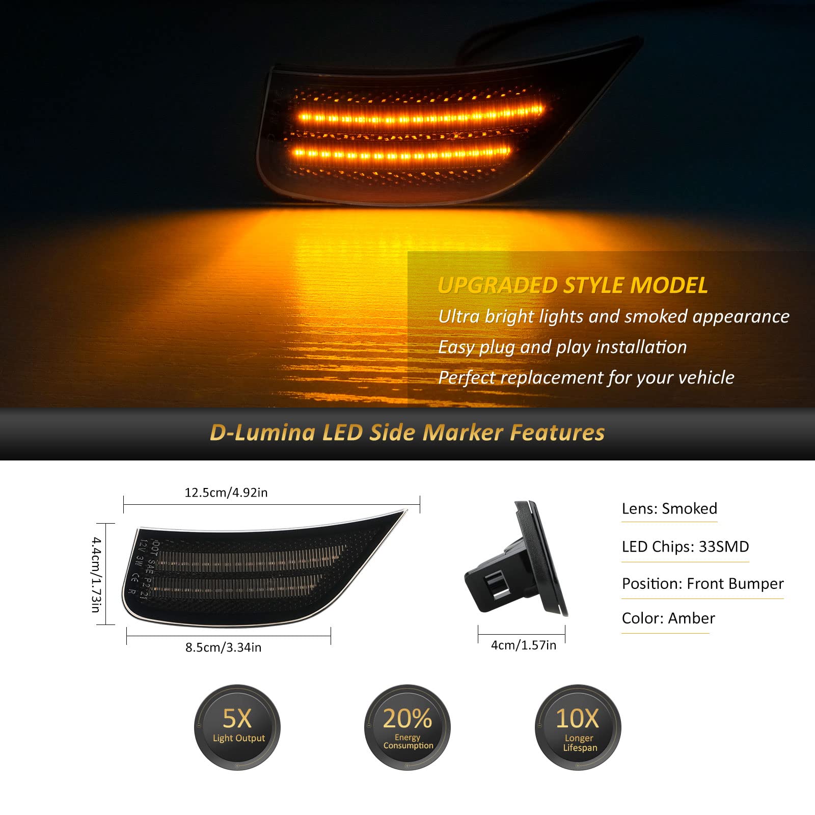 D-Lumina LED Side Marker Lights Smoked Lens for Chevy Tahoe GMC Yukon Yukon XL Yukon Denali Suburban Escalade Escalade ESV 2021 2022 2023, Front Bumper LED Sidemarker Amber, Pack of 2